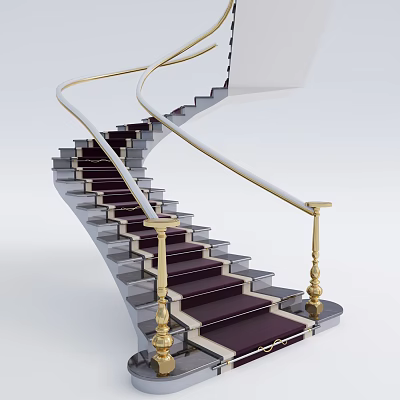 Elegant Spiral Staircase With Golden Handrails And Dark Carpeted Steps 3d model