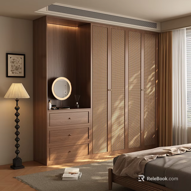 Modern Wooden Wardrobe With Rattan Doors In Warm Bedroom Interior Design 3d model 