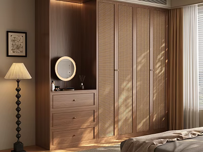Modern Wooden Wardrobe With Rattan Doors In Warm Bedroom Interior Design 3d model