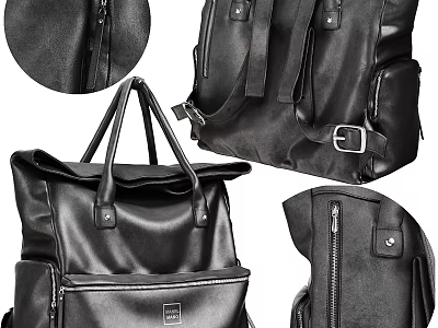 Black Leather Backpack With Zipper And Straps 3d model