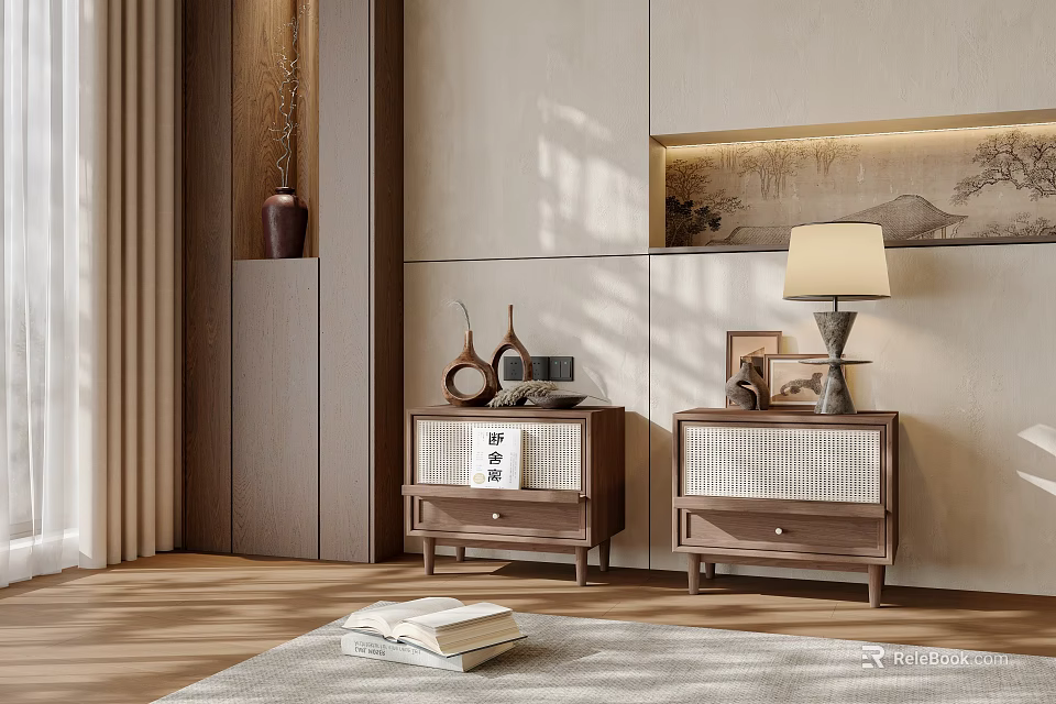 Modern Bedroom Nightstands With Wooden Frame Table Lamp Photo Frame And Vase Decor 3d model 