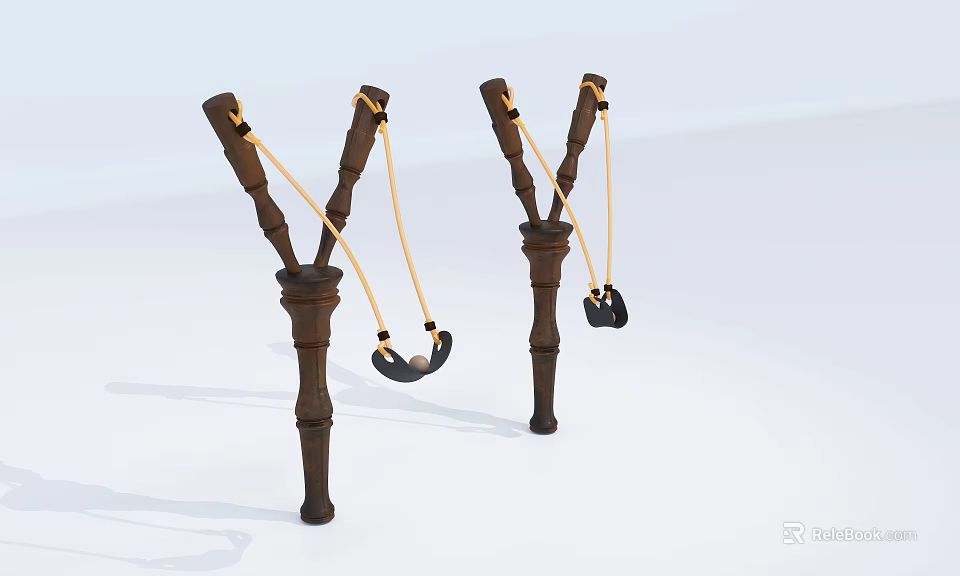 Two Handcrafted Wooden Slingshots With Elastic Bands And Leather Pouches Design 3d model 