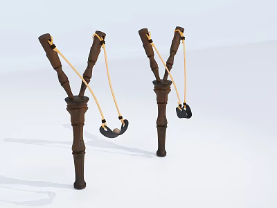 Two Handcrafted Wooden Slingshots With Elastic Bands And Leather Pouches Design 3d model