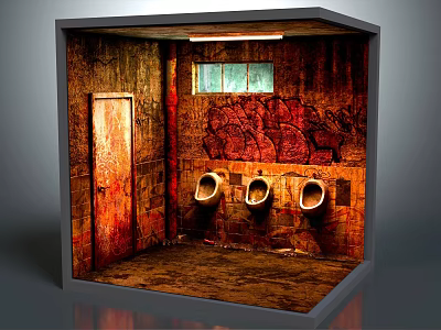 Public Toilet Interior With Graffiti Dirty Worn Walls Urinals And Dirty Floor 3d model