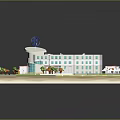Scenic 3D Model Hospital Landscape With Building Blue Sign Green Trees Roads And Lawns