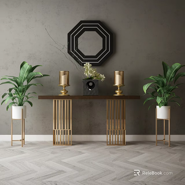 Modern Console Table With Golden Legs Black Vase White Flowers Green Plants And Octagonal Mirror 3d model 
