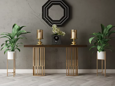 Modern Console Table With Golden Legs Black Vase White Flowers Green Plants And Octagonal Mirror 3d model