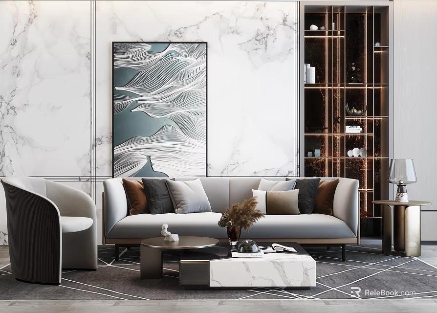 Modern Elegant Sofa and Coffee Table Set with Decorative Pillows Marble Wall Abstract Art 3d model