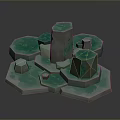 3D Rendered Terrain With Moss Covered Rocks Small Stones And Hexagonal Platforms