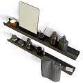 Organized Bathroom Accessories On Wall Mounted Black Shelves With Mirror Soap Dispenser Candle And Towel