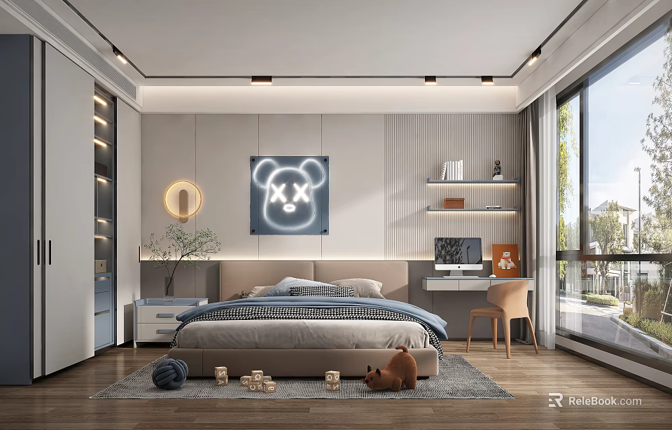 Modern Kids Room Interior With Neon Bear Sign Bed Desk Chair Bookshelf And Toys 3d model 