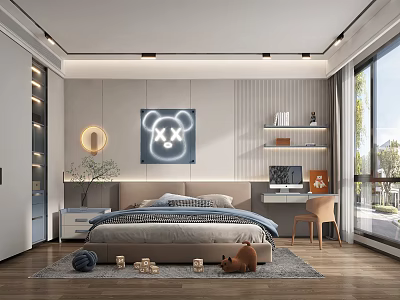 Modern Kids Room Interior With Neon Bear Sign Bed Desk Chair Bookshelf And Toys 3d model