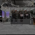 Stylish Modern Bar Interior With Counter Black Stools Shelves Bottles Lighting And Screens