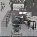 Modern Cafe Interior Design With Staircase Pendant Lights Bar Counter And Green Plants