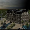 Birds Eye View Plan Of Grand European Style Building With Plaza Fountains And Palms