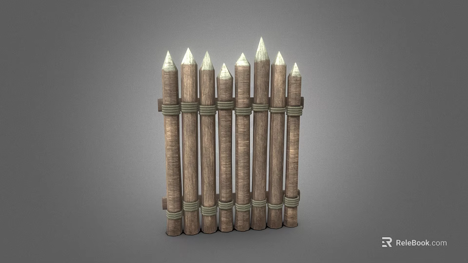 Industrial Safety Fence With Wooden Posts Pointed Tops And Metal Rings Fixation 3d model 