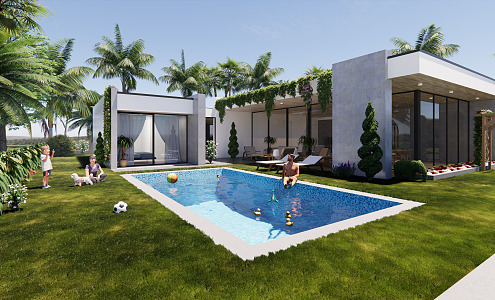 Modern single-family villa courtyard building 3d model