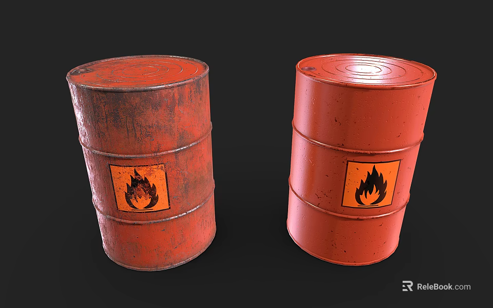 Industrial Equipment Red Oil Drums With Flame Warning Signs For Industrial Storage Containers 3d model 