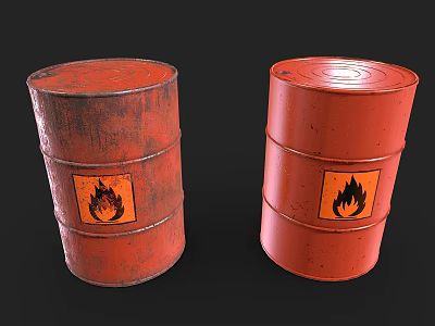 Industrial Equipment Red Oil Drums With Flame Warning Signs For Industrial Storage Containers 3d model