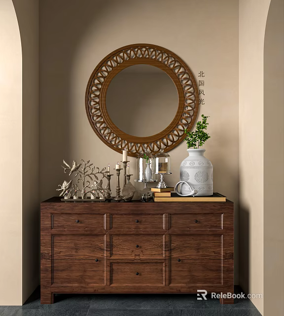 Traditional Chinese Entryway Console Table With Round Carved Mirror White Vase Green Plant Decorative Ornaments 3d model 