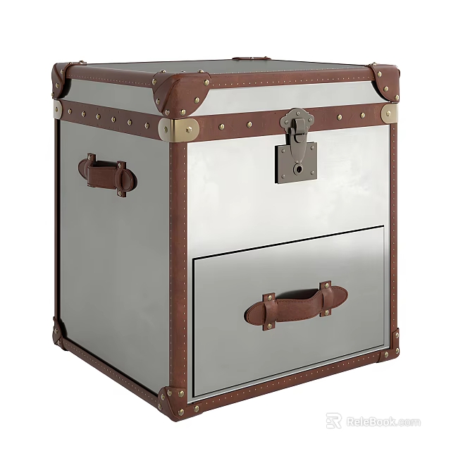 Vintage Silver Metal Trunk With Brown Leather Handles Rivets Lock And Drawer Handle 3d model 