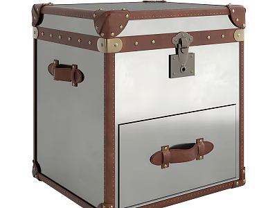 Vintage Silver Metal Trunk With Brown Leather Handles Rivets Lock And Drawer Handle 3d model