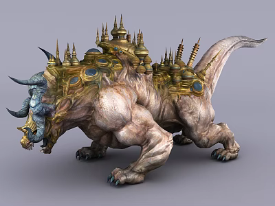 Reptile Creature With Muscular Body Spiked Horns Tower Like Structures And Golden Blue Accents 3d model