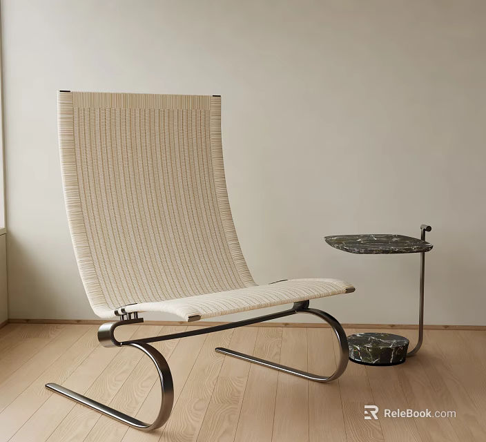 Modern Minimalist Leisure Chair With Woven Beige Fabric And Metal Frame By Side Marble Table 3d model 