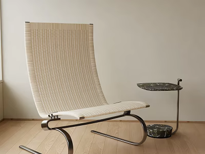 Modern Minimalist Leisure Chair With Woven Beige Fabric And Metal Frame By Side Marble Table 3d model