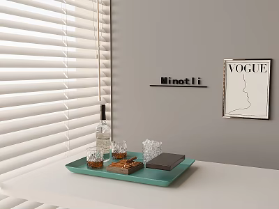 Wine Bottle And Glasses On Teal Tray With Chocolates Gray Wall Ninetti Sign VOGUE Poster 3d model