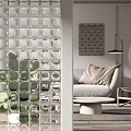 Modern Glass Brick Wall Design For Interior Partition With Decorative Plants And Sofa
