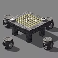 Stone Outdoor Table with Chessboard Surface Matching Stools and Tea Cups for Patio 3d model