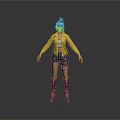 3D Character Design With Purple Hair Yellow Jacket Black Shorts And Purple Boots