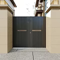 Elegant Modern Entrance Gate Design With Beige Stone Pillars And Metal Panels