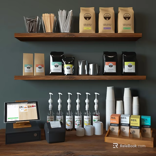 Modern Cafe Shelves Display With Condiment Bottles Coffee Bags Cups And Cash Register 3d model 