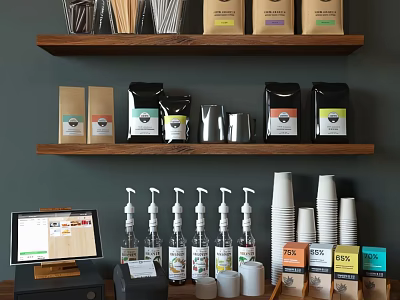 Modern Cafe Shelves Display With Condiment Bottles Coffee Bags Cups And Cash Register 3d model