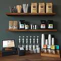 Modern Cafe Shelves Display With Condiment Bottles Coffee Bags Cups And Cash Register