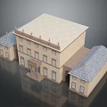 Scenic Classical Building Exterior With Beige Walls Gray Roofs Multiple Windows And Decorative Details