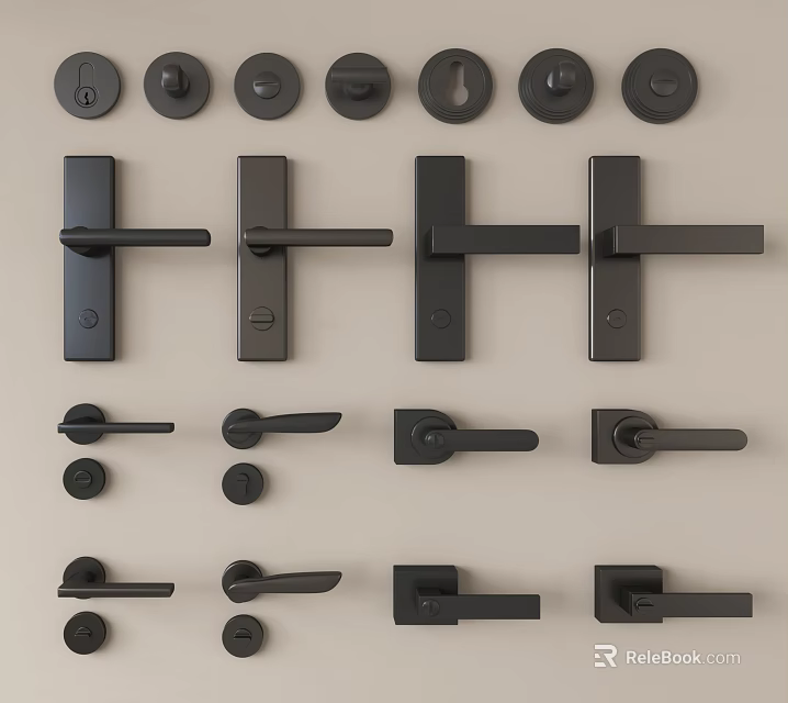 Modern Black Door Handles And Knobs Collection Display On Light Background 3d model 