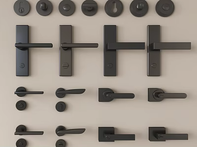 Modern Black Door Handles And Knobs Collection Display On Light Background 3d model