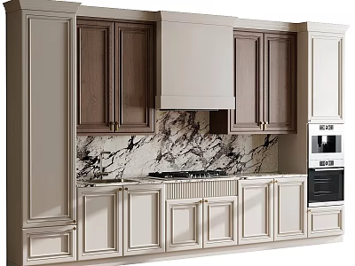 Modern Kitchen Cabinets With Light Dark Wood Marble Countertop Built In Oven Range Hood 3d model