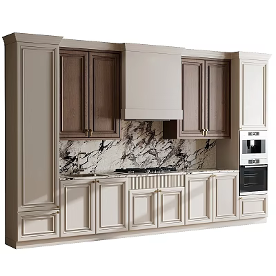 Modern Kitchen Cabinets With Light Dark Wood Marble Countertop Built In Oven Range Hood 3d model