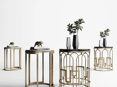 Round Side Tables With Modern Brass Frame Geometric Design And Vases Green Plants Decorative Books 3d model