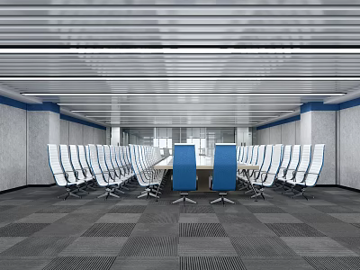 Modern Conference Room Interior With Long Table White Chairs Blue Cushions And Gray Carpet 3d model