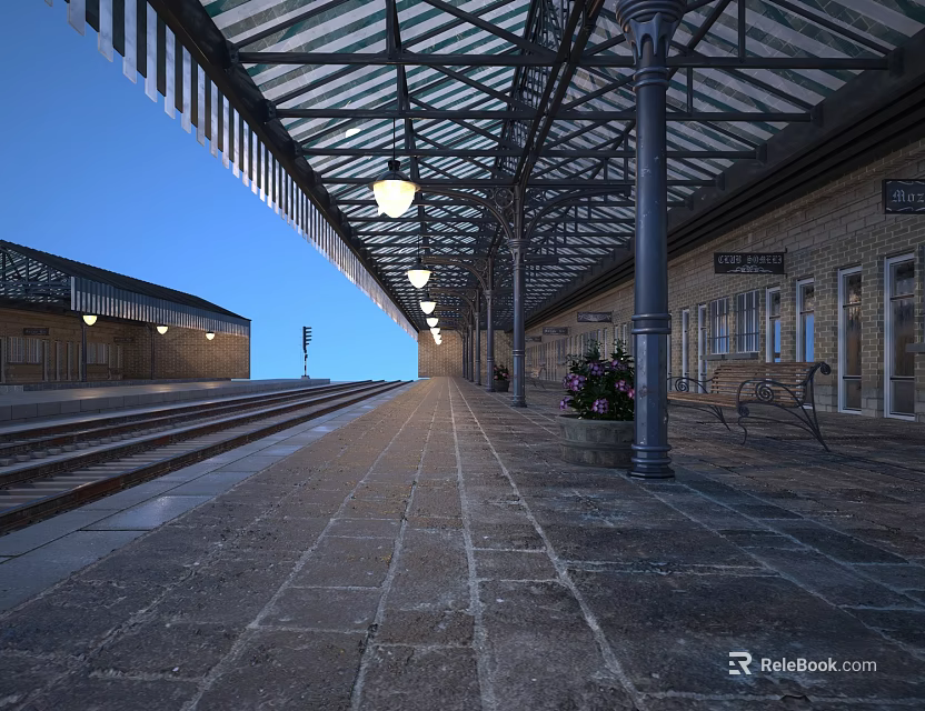 Scenic Train Station Platform With Rail Tracks Lamp Posts Benches And Stone Pavement 3d model 