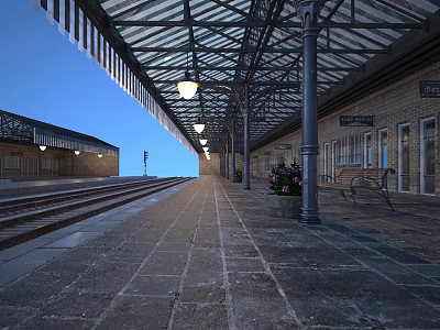 Scenic Train Station Platform With Rail Tracks Lamp Posts Benches And Stone Pavement 3d model