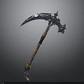 Ornate Scythe Weapon With Metal Blade Blue Accents And Wooden Handle