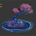 Vibrant Plant With Blue Trunk And Purple Flowers On Blue Water Ripple Base Including Scattered Flowers