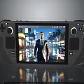 Dog On Handheld Game Console Screen In Rainy Night City Street Scene