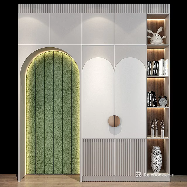 Modern Wardrobe with Green Vertical Panel White Curved Doors Built in Shelves and Ambient Lighting 3d model 